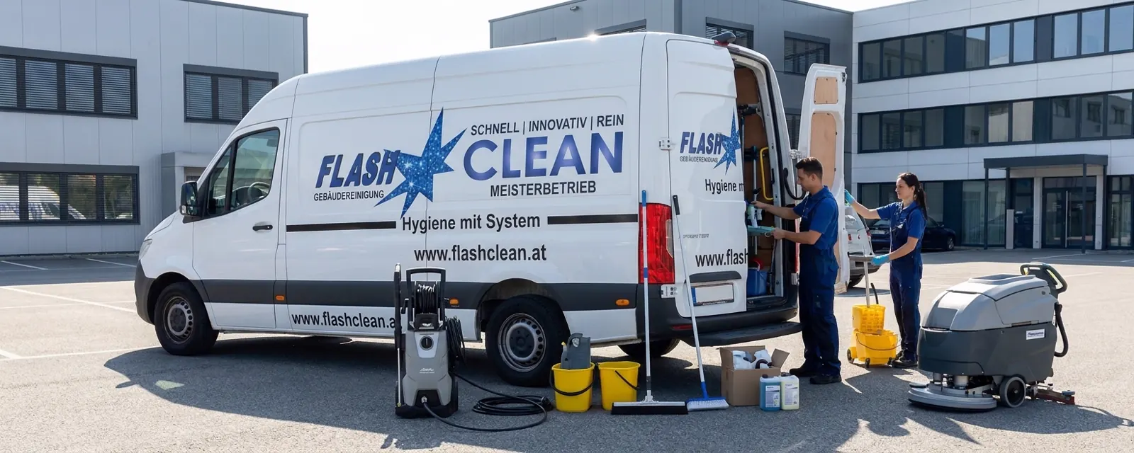Gebäudereinigung Wiener Neudorf – Team von Flash Clean Reinigungsteam der Gebäudereinigung Flash Clean in Wiener Neudorf mit Reinigungsmaschinen und Ausrüstung