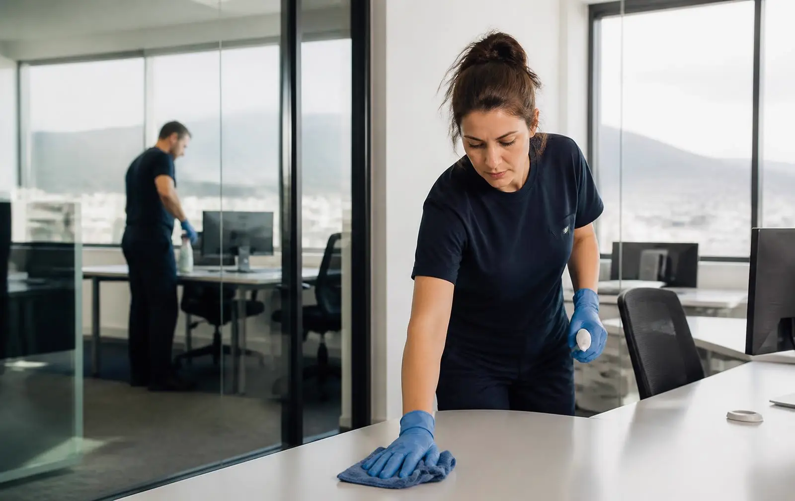 flashclean.at Büroreinigung Wiener Neudorf – Reinigungskraft reinigt Schreibtischflächen in einem Büro