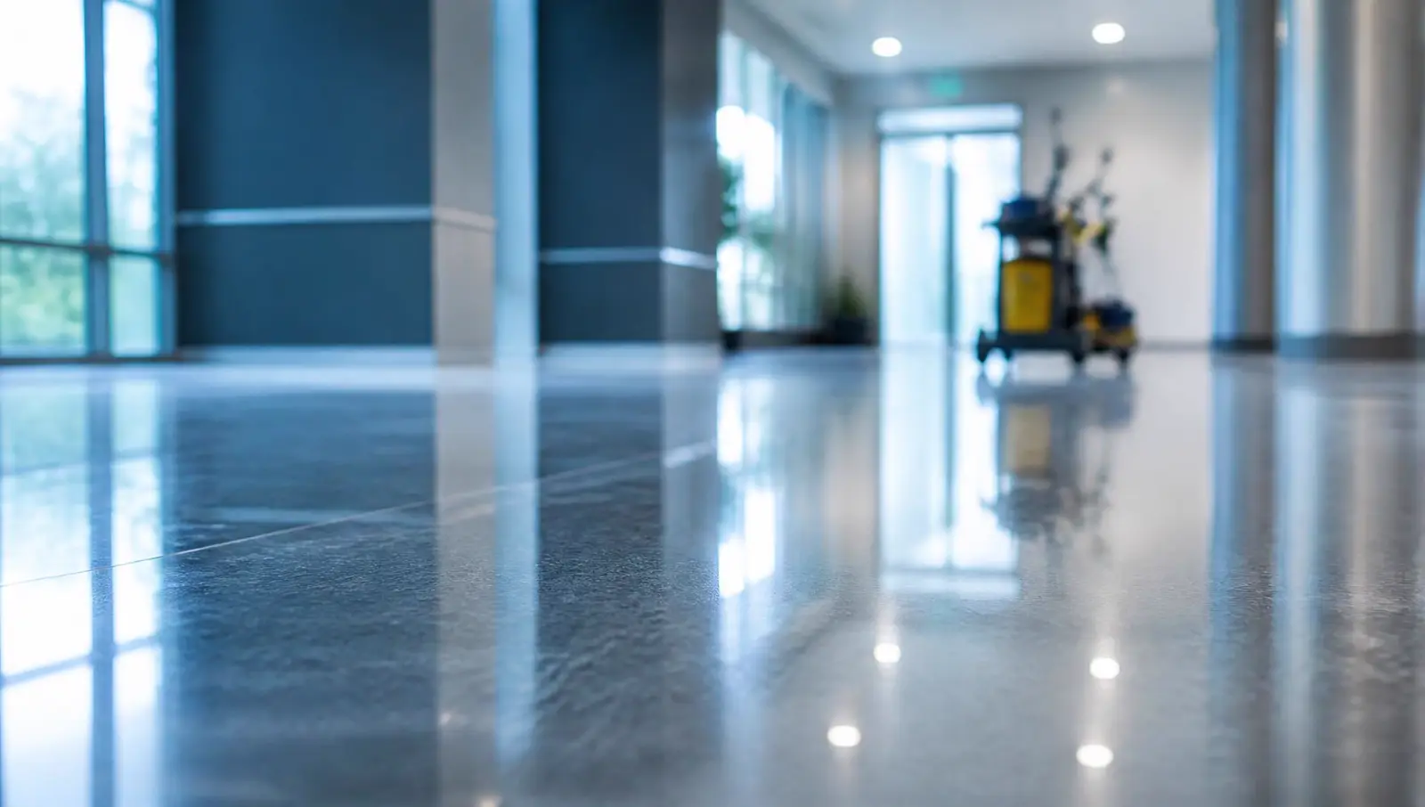 flashclean.at Gebäudereinigung Wien – frisch gereinigte, spiegelnde Bürolobby einer Reinigungsfirma